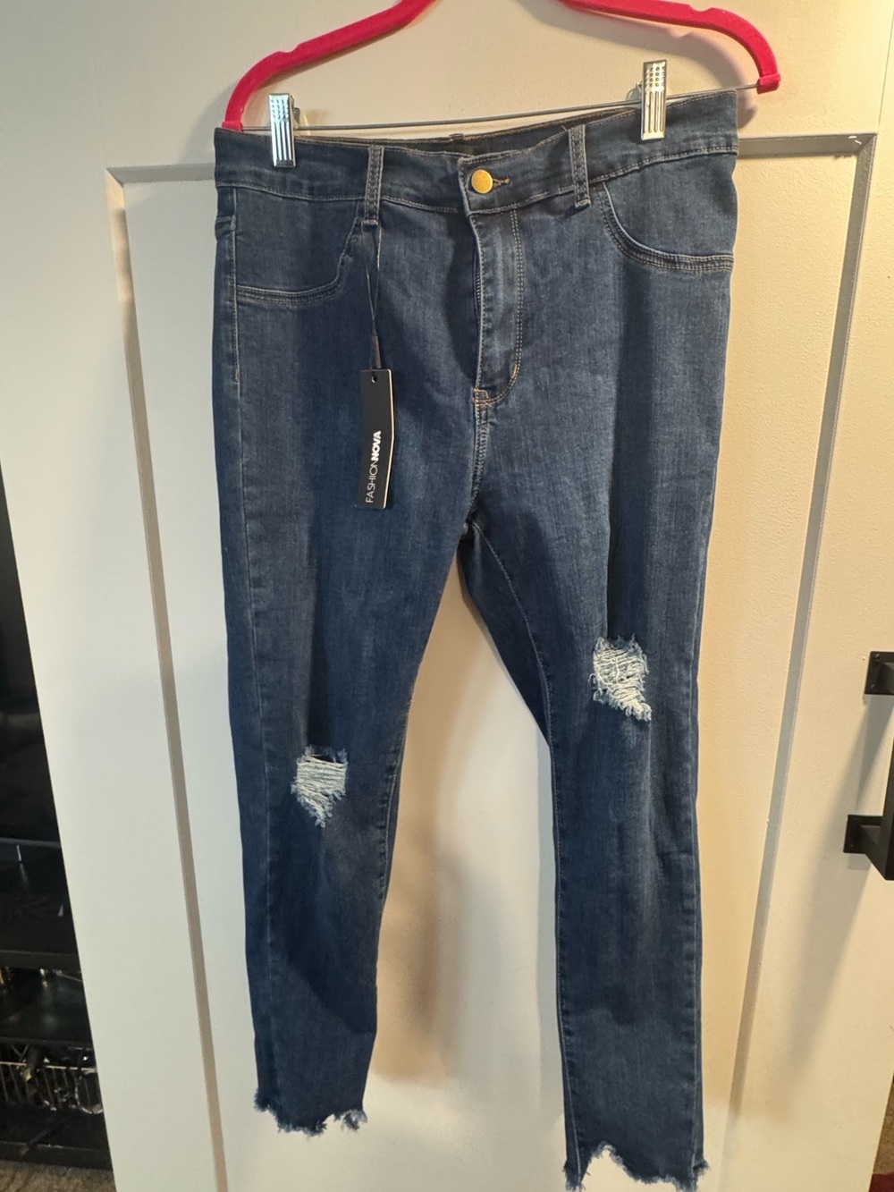 Fashion Nova Dark Blue Distressed Skinny Jeans